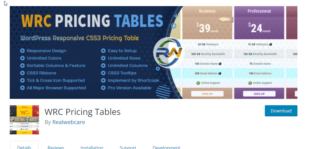 WRC Pricing tables