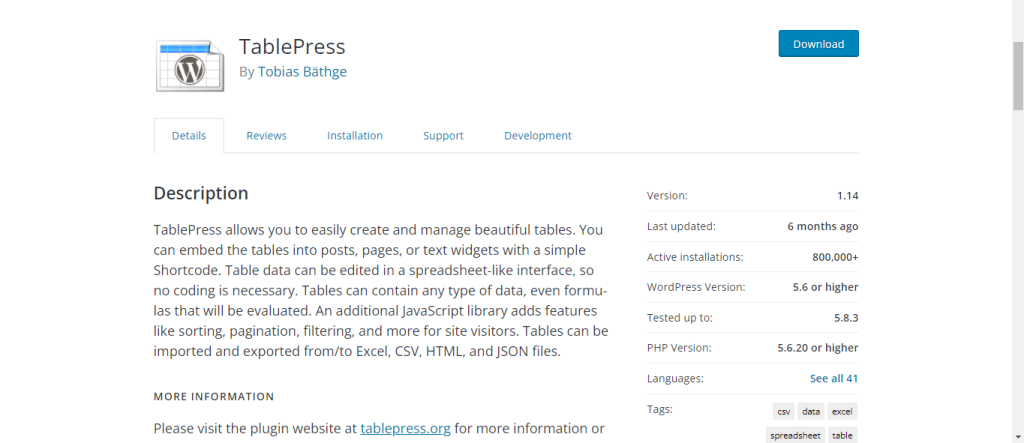 tablepress wordpress table plugin