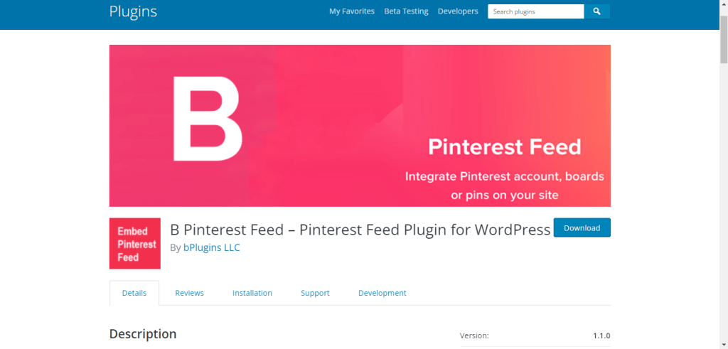 B Pinterest feed WordPress plugin
