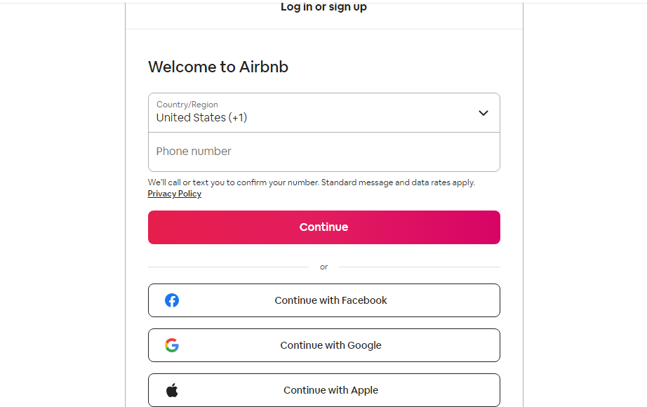 Airbnb login page
