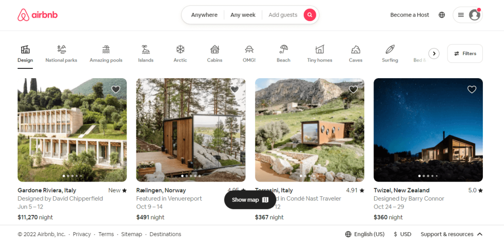 Airbnb landing page for tourists