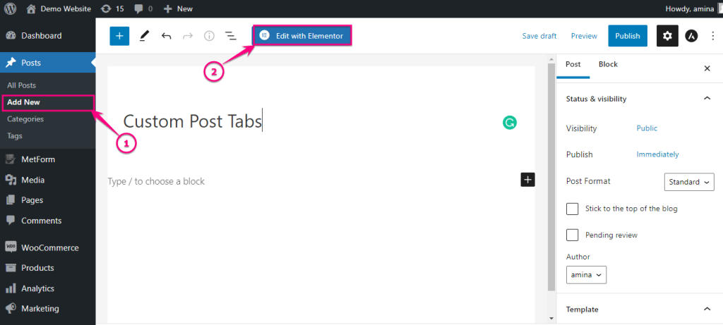 Add custom post tab to a new post