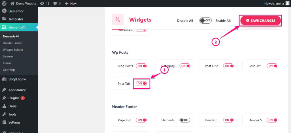 Enabling post tab widget of ElementsKit