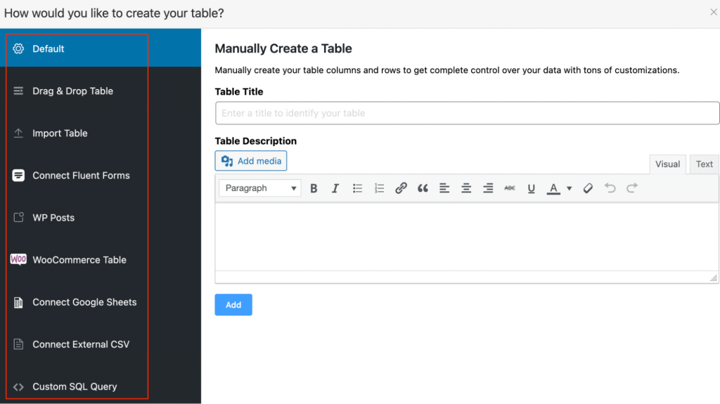 Different types of wordpress tables available on Ninja Tables