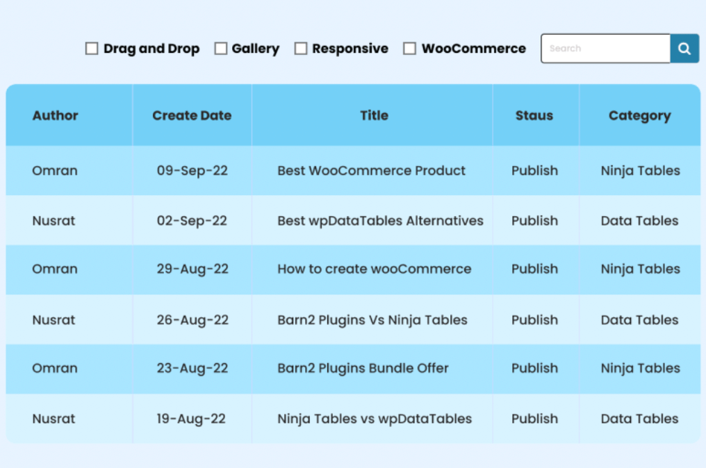 Sort, search, and filter tables using Ninja Tables