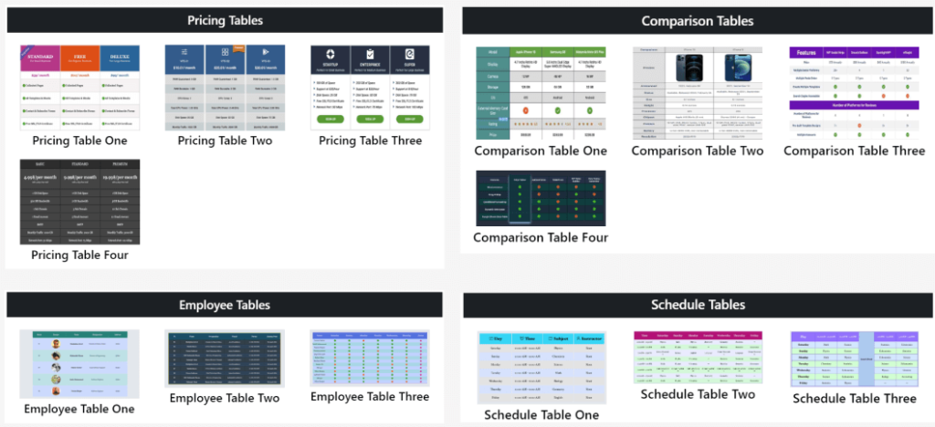 All sorts of pre-designed tables templates available on Ninja Tables