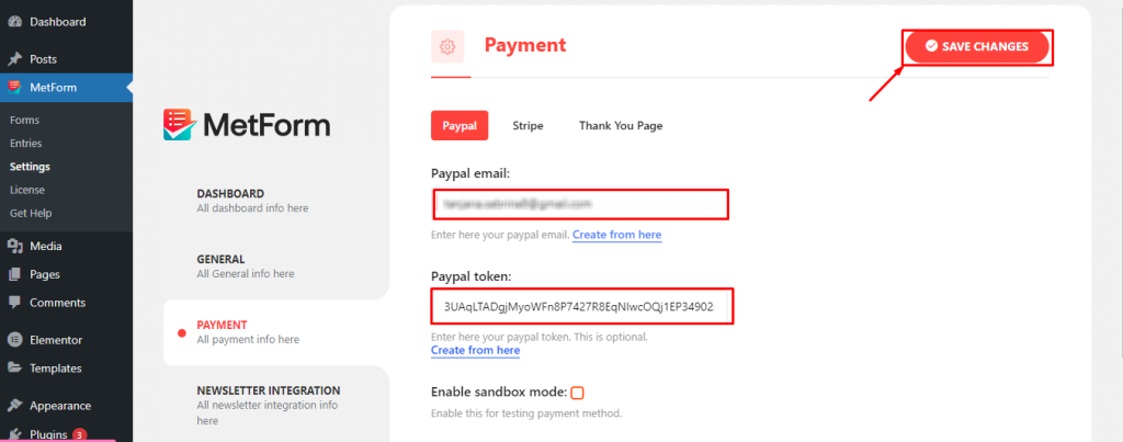Insert email and token in the PayPal integration tab of MetForm