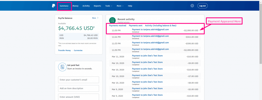 Check the transaction from the PayPal payment dashboard