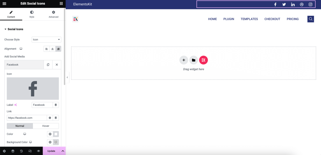 Add social profile using ElementsKit to create Elementor sticky menu