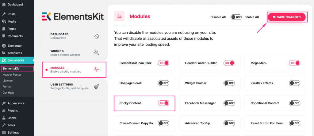 Enable sticky content module of ElementsKit