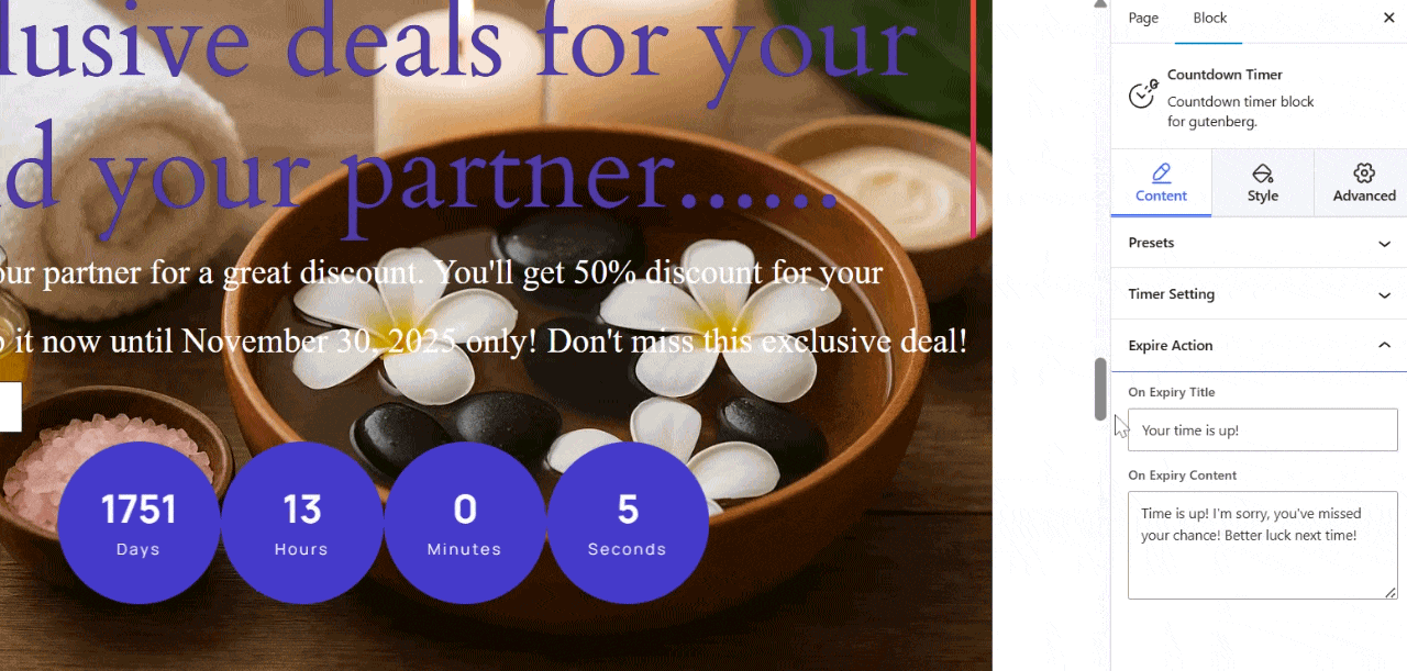 Customize countdown timer block through content tab